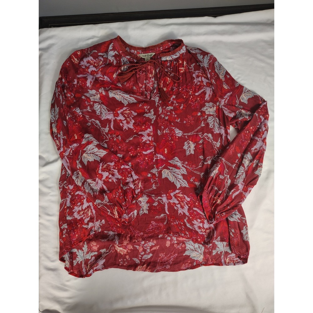 Lucky Brand Women Red Floral Tassel Tie Peasant Blouse Long Sleeve Top 7W43912 S